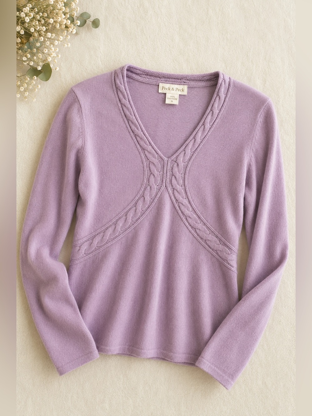 Vintage Peck & Peck 100% Cashmere Sweater Lavender Cable Knit Trim Size M